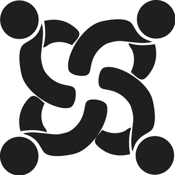 Minimal symmetrical line art symbol featuring four human-like figures connected in a square formation, representing unity and teamwork.
