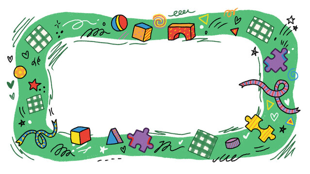 Cute green kids toy doodle frame border with puzzle blocks crayon style