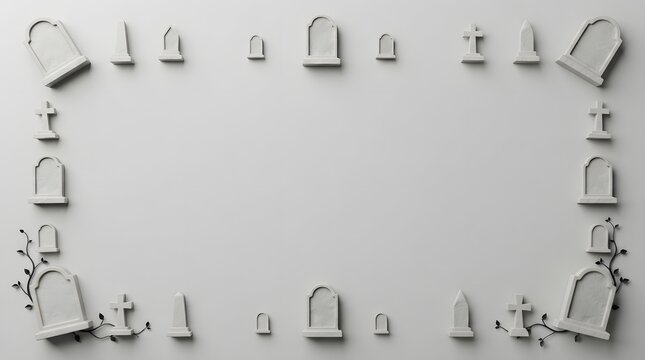A flat lay top view of miniature toy tombstones arranged as a frame on a light grey background