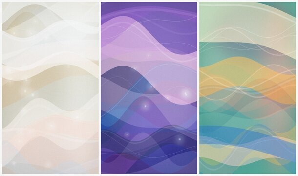 Layered wavy gradients in creamy neutrals, violet, and warm teal create an airy, soothing atmosphere?ideal for meditation, spa marketing, or event backdrops.