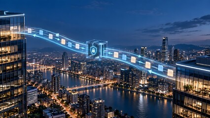 Fototapeta premium Secure document transfer pipeline connecting modern city skyscrapers illustrating corporate file sharing and urban business telecommunications.