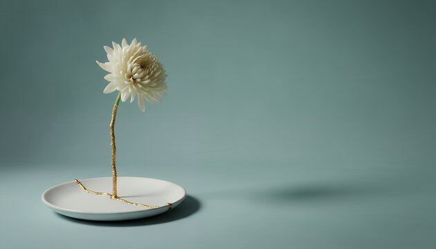 金継ぎの皿から咲く白菊