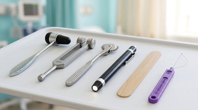 Neurological examination instruments set including reflex hammer 128Hz tuning fork Wartenberg pinwheel penlight tongue depressor and Semmes Weinstein monofilament on medical tray