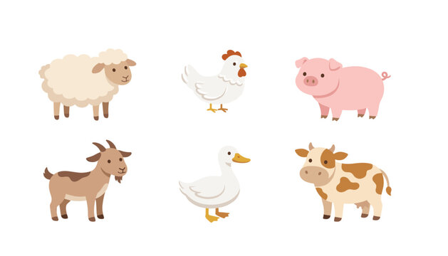 Cute cartoon farm animals vector collection featuring a sheep, chicken, pig, goat, duck, and cow isolated on a white background for children nursery designs.