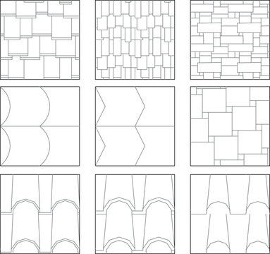 Technical CAD set of nine square swatches showing various architectural hatch patterns for paving, masonry, and flooring materials including rectangular, herringbone, and fan designs.