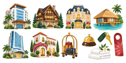 Obraz premium Watercolor Hotel Buildings and Accommodation Clipart Set Isolated on White Background
