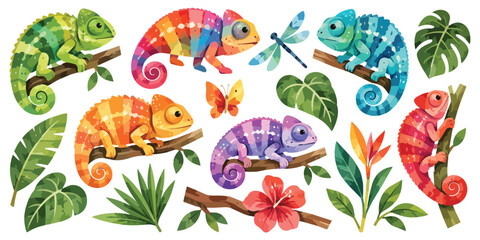 Obraz premium Watercolor Colorful Tropical Chameleons and Exotic Leaves Clipart Set Isolated on White Background