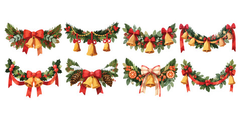 Fototapeta premium Watercolor Christmas Holly Swag and Bells Garlands Clipart Set Isolated on White Background