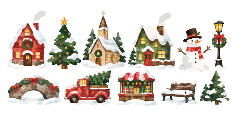 Fototapeta premium Watercolor Winter Christmas Village Town Clipart Set Isolated on White Background