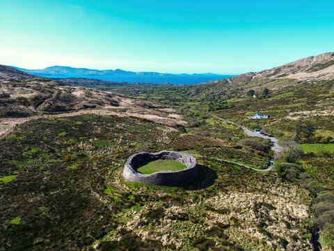 Aerial view of Staigue Stone Fort, Iron age fort on the Iveragh peninsula in County Kerry, Ireland	