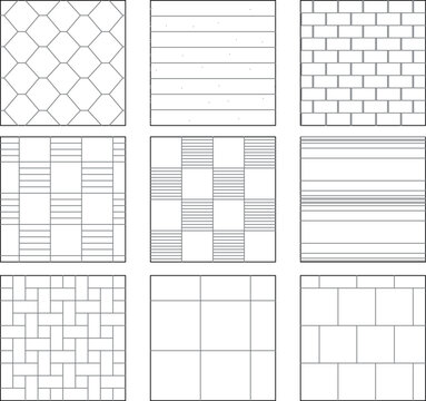 Technical CAD set of nine swatches showing architectural hatch patterns for paving, masonry, and flooring materials like brick, parquet, and tile.