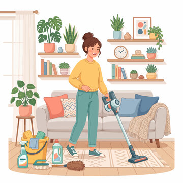 Cheerful Young Woman Cleaning Modern Living Room with Vacuum Cleaner, Enjoying Household Chores and Maintaining a Tidy Home Environment