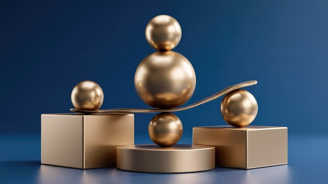 Elegant arrangement of golden geometric shapes on a blue background showcasing balance and modern design aesthetics