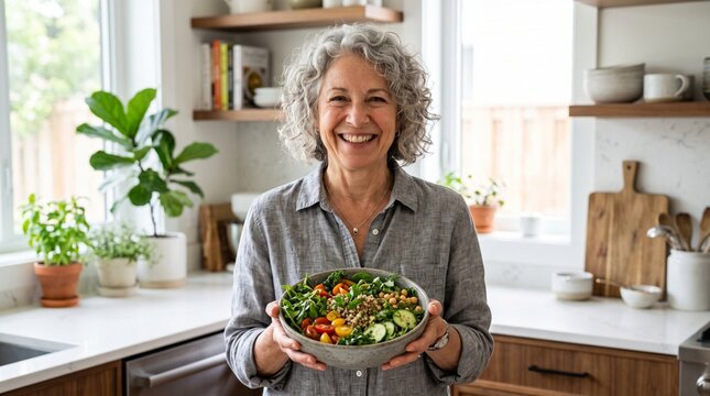 Happy Elderly Woman Holding Healthy Vegetable Salad Bowl in Kitchen with Copy Space