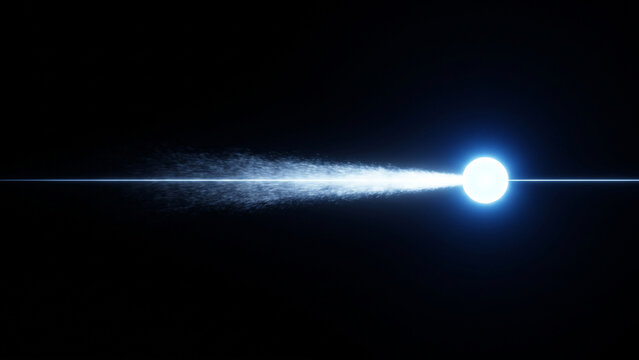 漆黒の宇宙空間で光の軌道を右端へ進み噴射推進する光子球体のCG画像