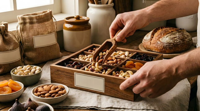 Scooping Mixed Nuts in Wooden Compartment Box | Assorted Dried Fruits and Nuts Display | Healthy Snack Preparation