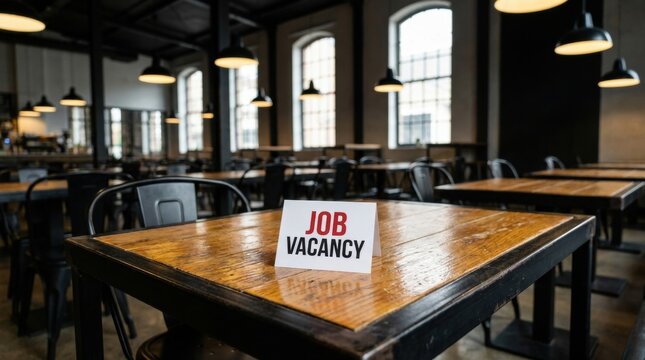 Job Vacancy Sign on Empty Cafe Table Interior Business Recruitment Concept