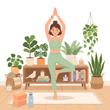 Young woman practicing tree pose yoga in a cozy room surrounded by green houseplants and wellness accessories for meditation and mindfulness