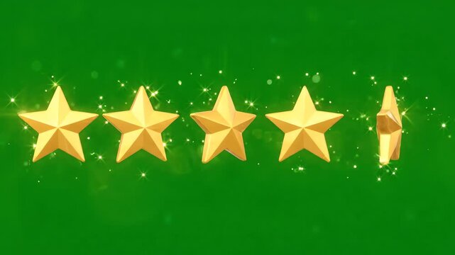 Five golden rating stars glowing and rotating on a bright green chroma key background for hotel review video editing
