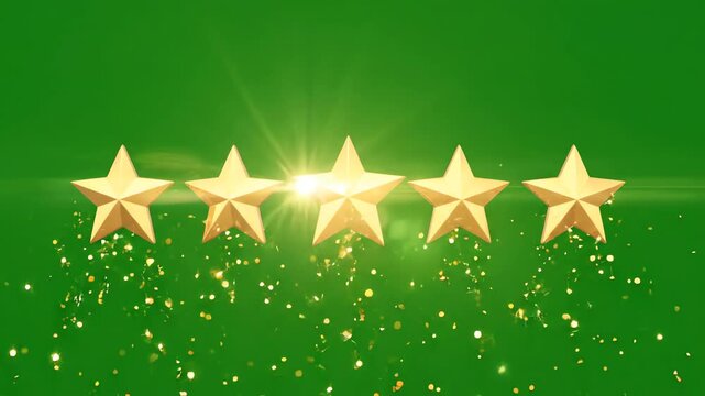 Five golden stars animation with glowing sparks for restaurant food rating over a bright chroma key green screen background