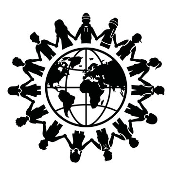 A black and white human vector illustration showing people holding hands around the globe
