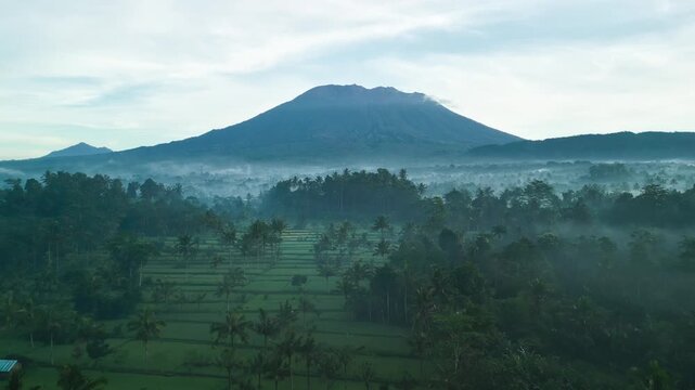 Mount Agung Volcano over Misty Rice Fields at Dawn Aerial View