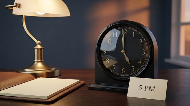 A clock displaying 5pm with a notepad and lamp on a wooden desk showing the concept of the end of the workday
