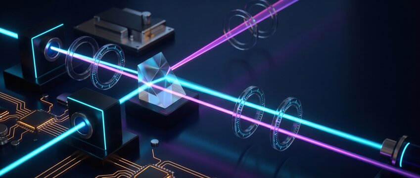 High throughput processor socket, central silicon CPU chip mounted on circuit board with neon data traces. Dense electronic pathways route high bandwidth computational digital signals on PCB.