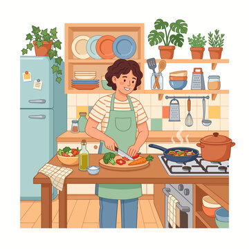 Young Person Wearing an Apron Preparing a Fresh Healthy Meal with Vegetables in a Cozy Modern Home Kitchen Interior Illustration