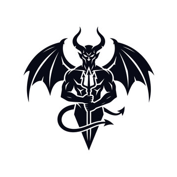 Black demonic creature vector illustration featuring wings horns and a sharp trident weapon