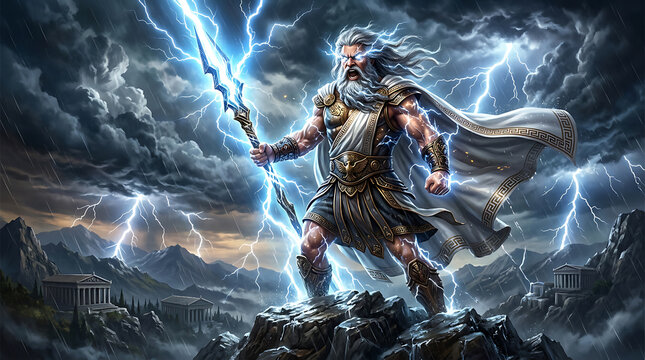 Powerful Greek god Zeus standing on a mountain peak wielding a glowing lightning bolt during a storm.