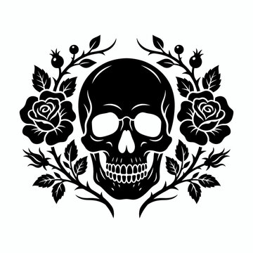 Gothic Human Skull Illustration Surrounded by Elegant Roses and Floral Vines in Black and White Vector Style