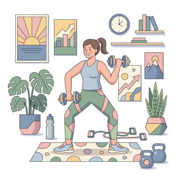 Vector illustration of a young woman exercising at home with dumbbells in her room with plants and fitness equipment
