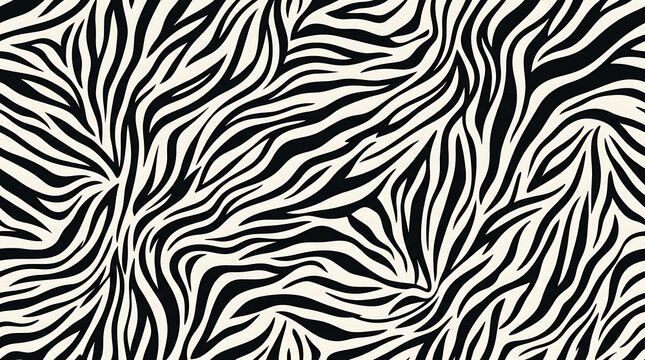 Seamless abstract black and white zebra print pattern with wavy organic lines.