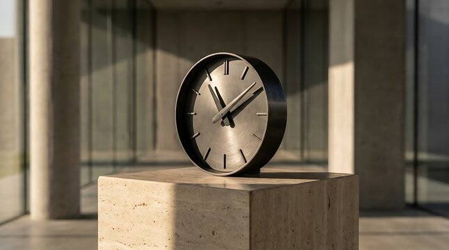 Minimalist modern black metal clock standing on a stone pedestal showing exactly 11 o clock in a luxury lobby