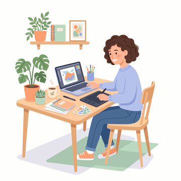 Young female graphic designer intently working on a creative digital art project, utilizing a laptop and drawing tablet in her modern home office setup