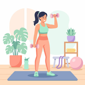 Vector illustration of a fit woman exercising with dumbbells at home, fitness and healthy lifestyle concept