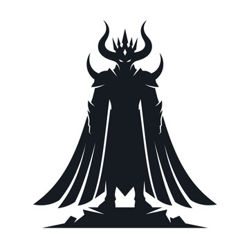 Imposing silhouette of a fantasy dark lord or horned king in majestic armor with a flowing cape, standing powerfully, evoking myth, strength, and an epic mystical presence