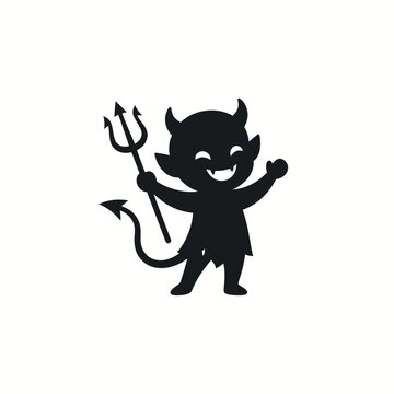 Cute Little Devil Character Silhouette Vector Illustration with Pitchfork for Halloween Design Elements and Playful Mascot Graphic