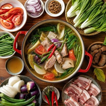 Overhead Flat Lay of Filipino Sinigang Stew Ingredients