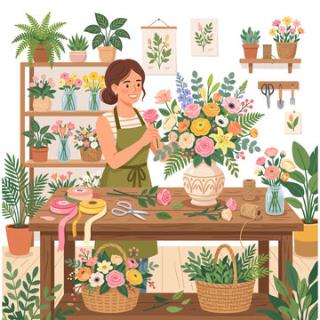 Cheerful florist arranging colorful bouquets in a cozy flower shop filled with lush potted plants and botanical illustrations