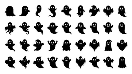 Fototapeta premium Set of 32 Black Silhouette Ghost Icons for Halloween Design