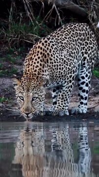 Leopard Drinking Water at a Wildlife Waterhole in Natural Habitat