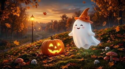 Obraz premium Cute Ghost and Jack-o'-Lantern in Autumn Forest with Falling Leaves