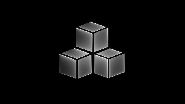 Glowing blue neon 3d cube boxes icon isolated on black background video.