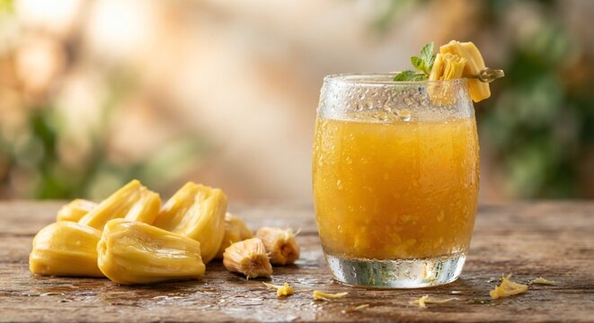 Close-up macro photograph of a clear glass filled with vibrant golden jackfruit juice, accompanied by fresh fruit slices and glistening water droplets against a warm, softly blurred background.