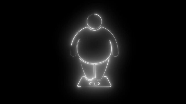 Neon overweight man standing on weight scale icon isolated on black background 4k