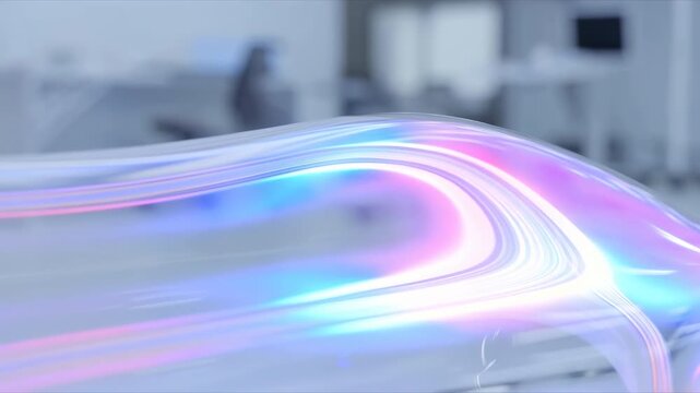 Translucent curved surface glows with flowing cyan, pink, and violet light trails wrapping around a rounded edge, with glossy reflections and softly blurred pale interior behind