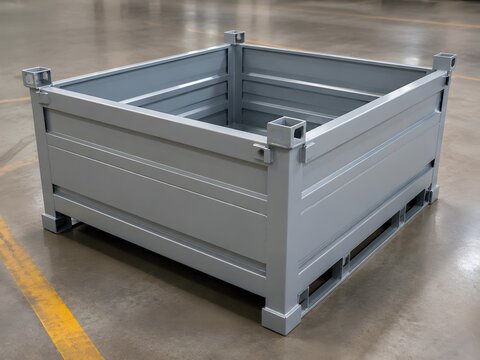 Finished steel storage bin with crisp folded walls and reinforced welded corners