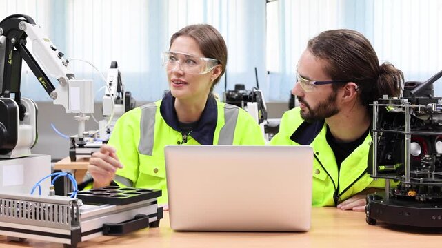 Team of male and female engineers checking or maintenance electronic in AI Robot, robot arm in the manufacturing automation and robotics manufacture room.